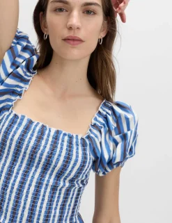 Pure Cotton Striped Shirred Midi Dress