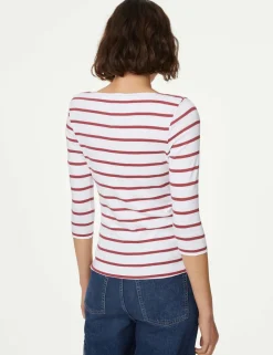 Pure Cotton Striped Slash Neck Slim Fit Top