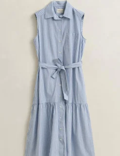 Pure Cotton Striped Sleeveless Midi Shirt Dress