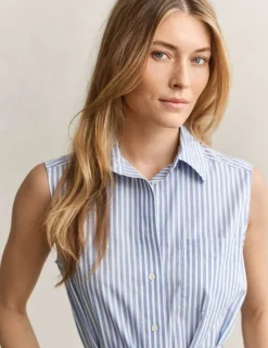 Pure Cotton Striped Sleeveless Midi Shirt Dress