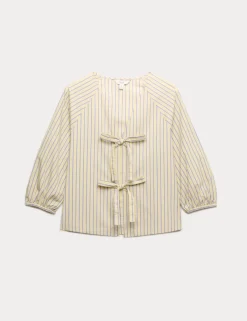 Pure Cotton Striped Tie Front Blouse