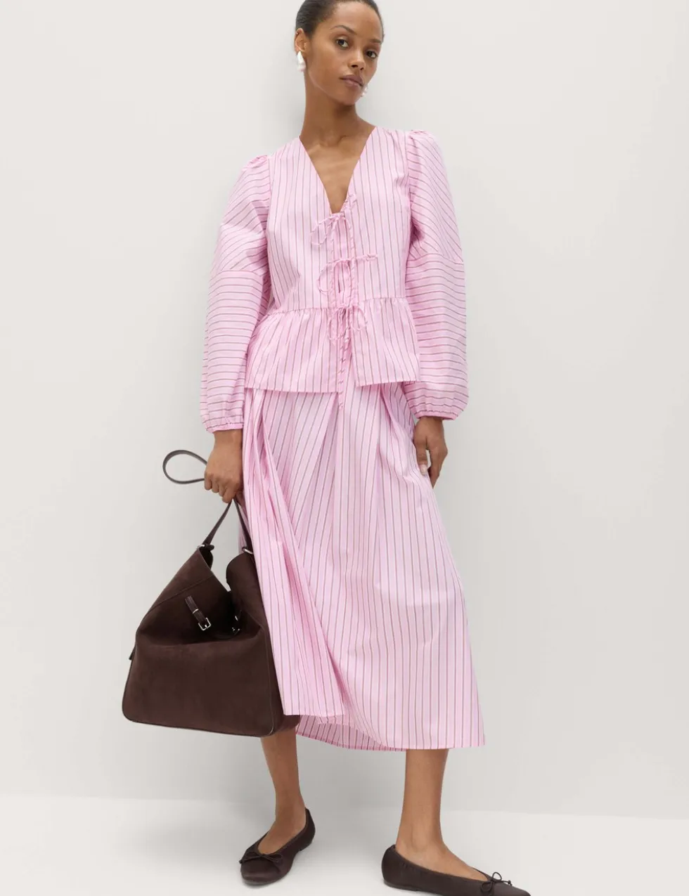 Pure Cotton Striped Tie Front Long Sleeve Blouse