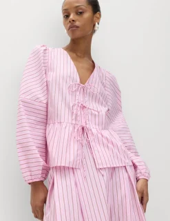 Pure Cotton Striped Tie Front Long Sleeve Blouse