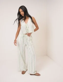 Pure Cotton Striped Wide Leg Trousers