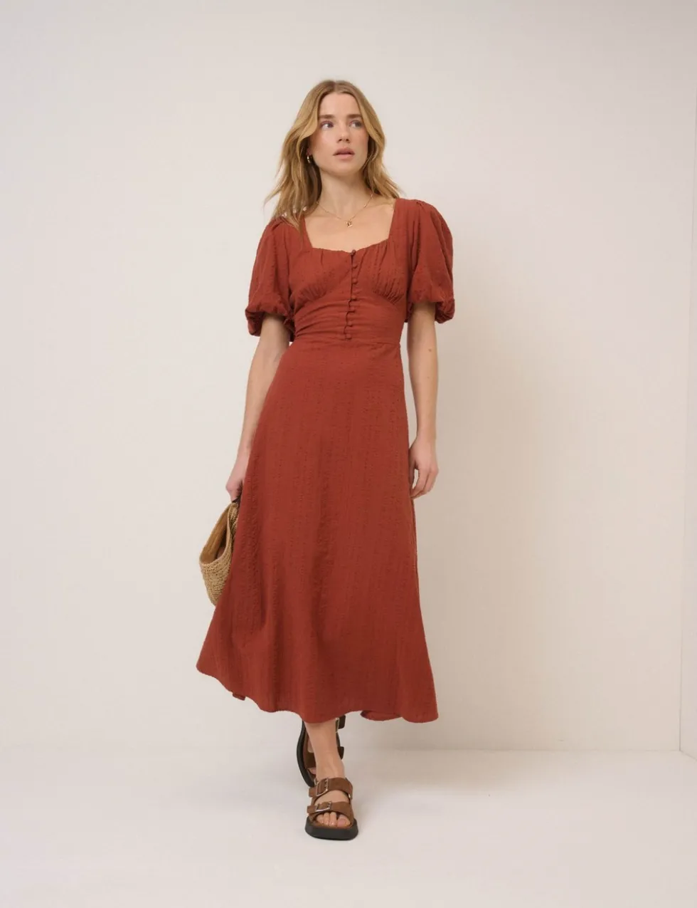 Pure Cotton Sweetheart Neckline Midi Dress