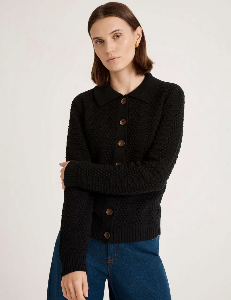 Pure Cotton Textured Collared Cardigan