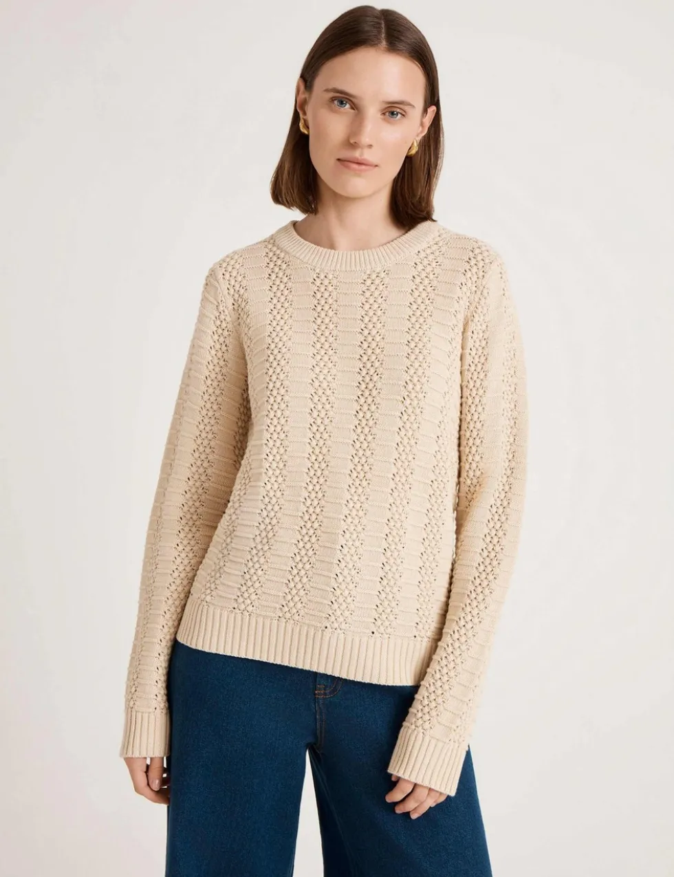 Pure Cotton Textured Crew Neck Jumper