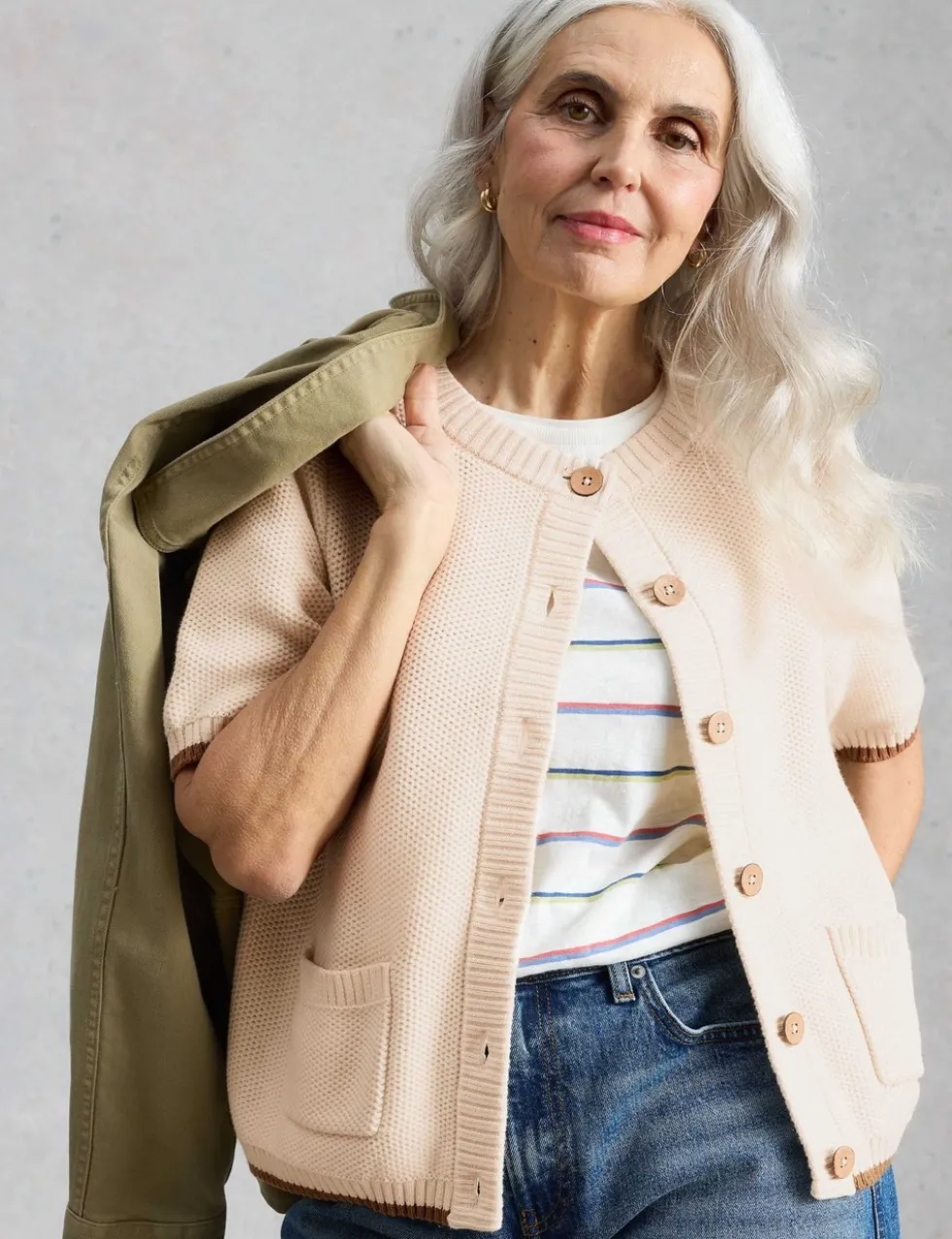 Pure Cotton Textured Crew Neck Cardigan