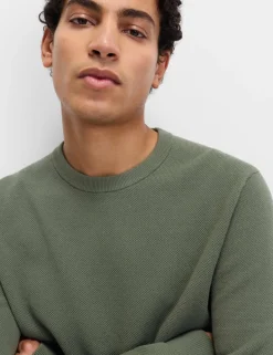 Pure Cotton Textured Crew Neck Jumper