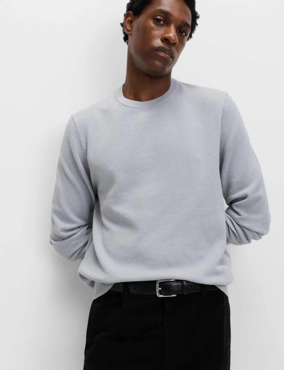 Pure Cotton Textured Crew Neck Jumper