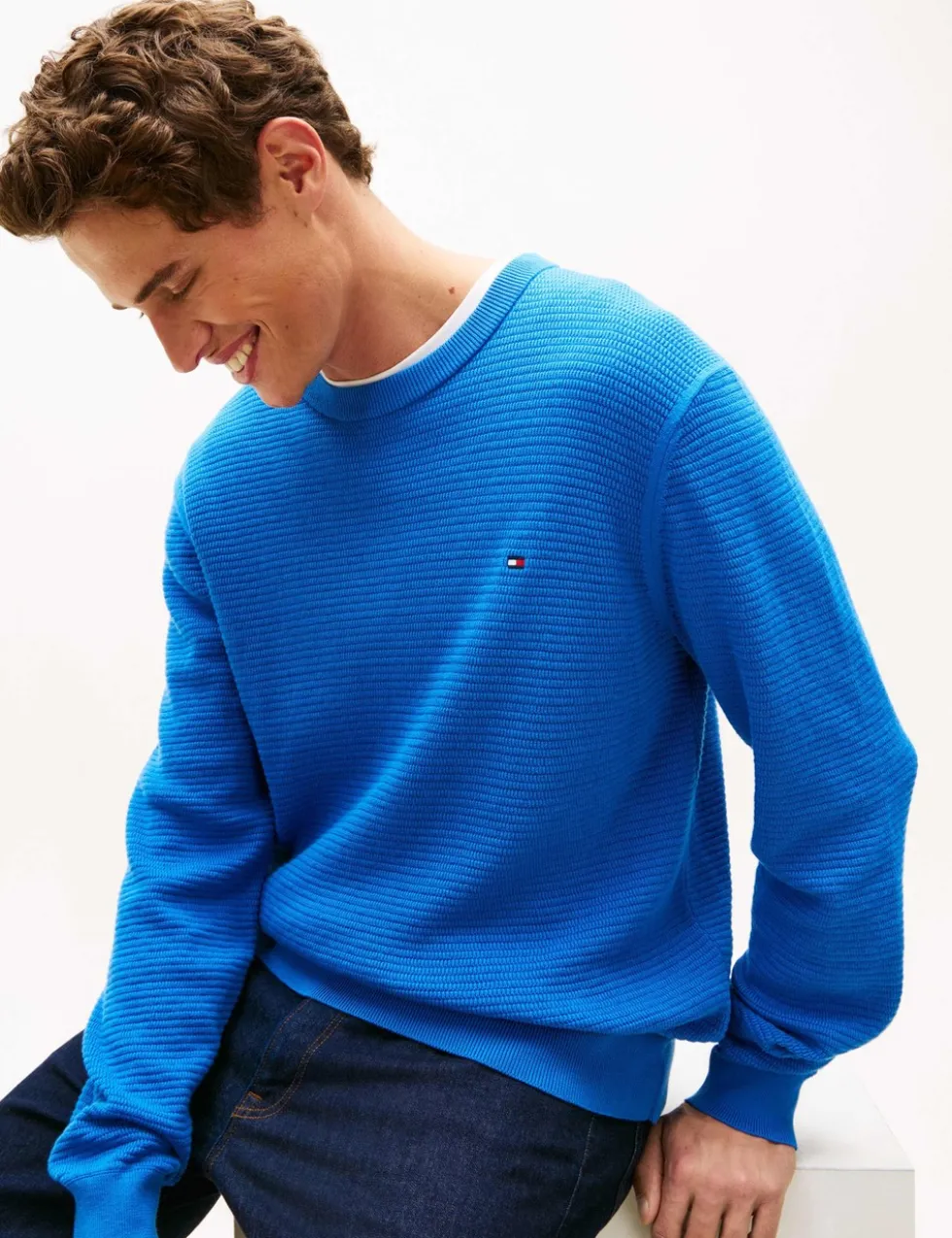 Pure Cotton Textured Crew Neck Jumper
