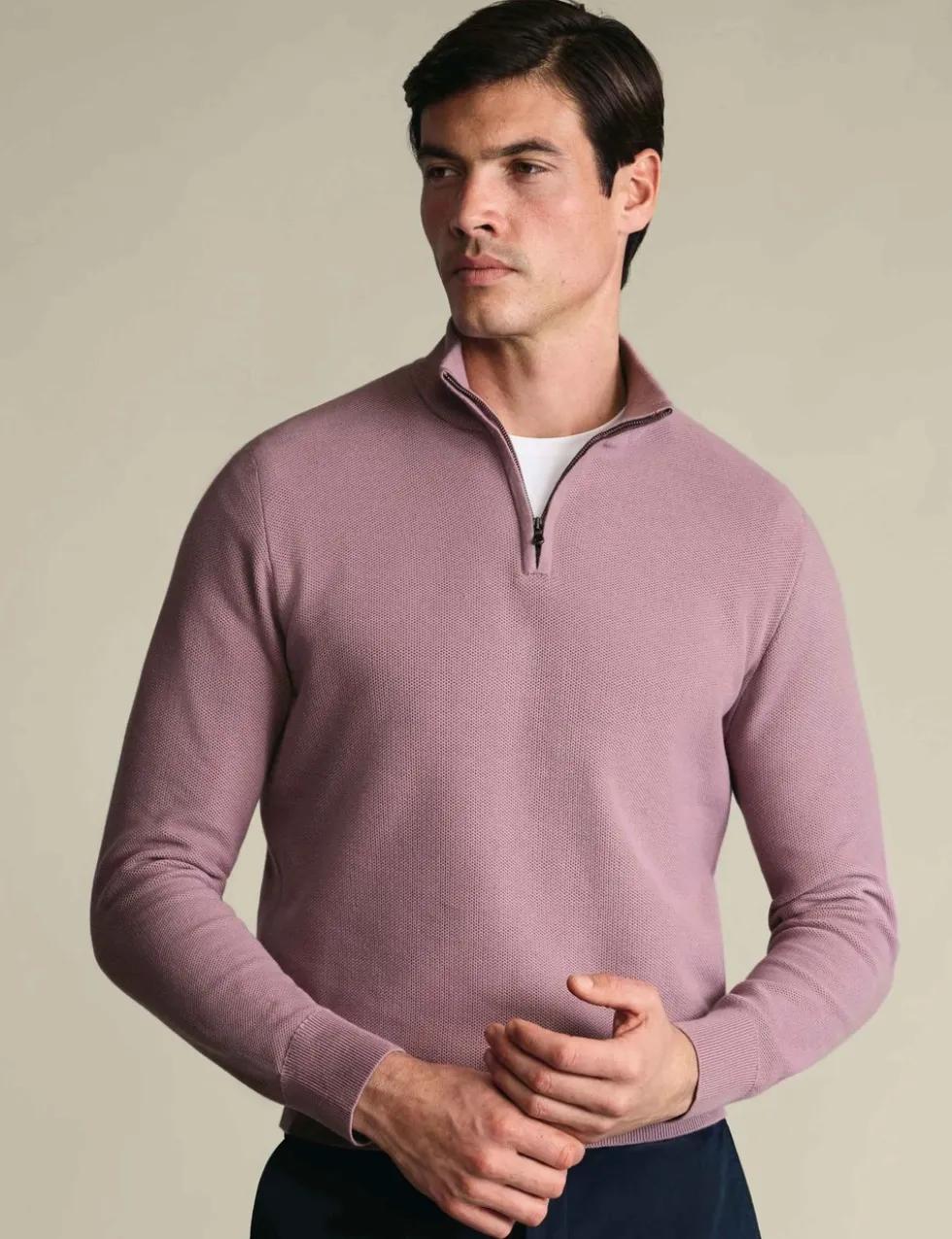 Pure Cotton Textured Half Zip Jumper