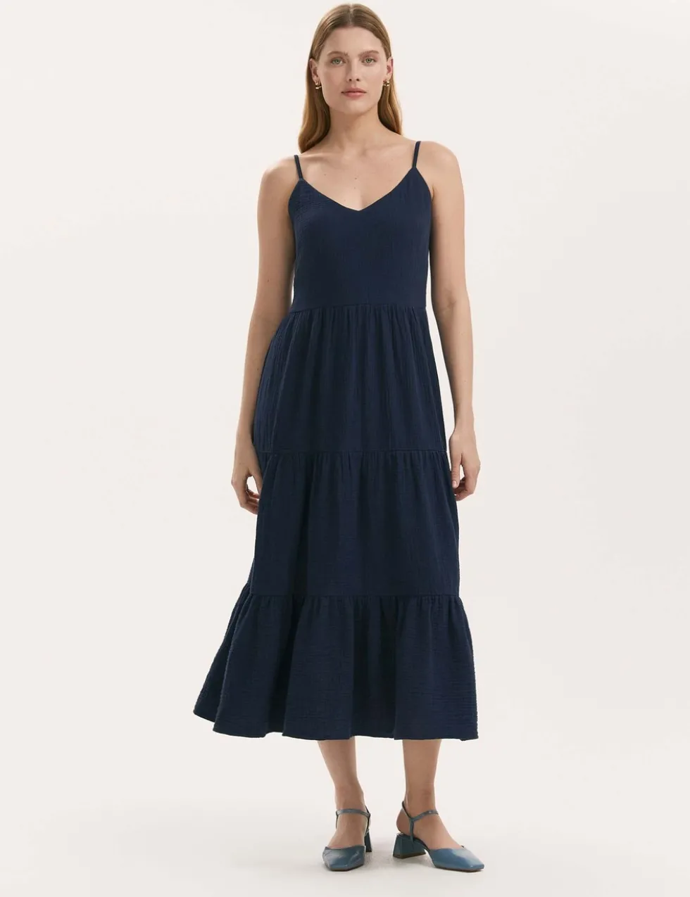 Pure Cotton Textured Midi Tiered Dress