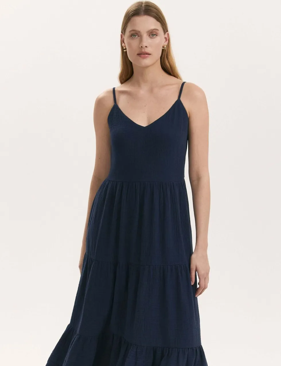 Pure Cotton Textured Midi Tiered Dress