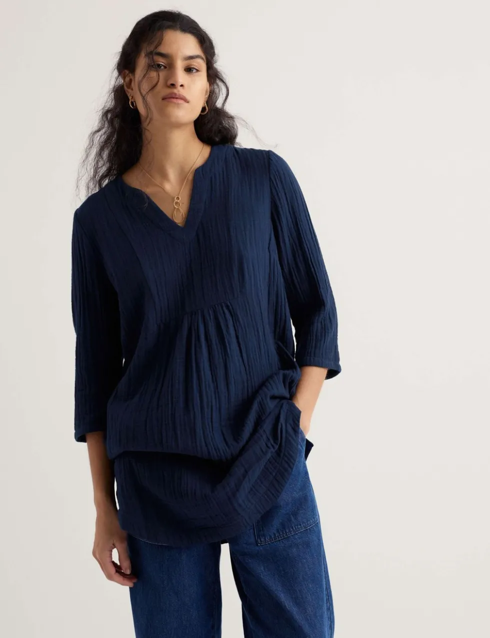 Pure Cotton Textured Notch Neck Relaxed Tunic