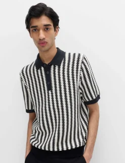 Pure Cotton Textured Striped Knitted Polo Shirt