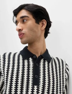 Pure Cotton Textured Striped Knitted Polo Shirt