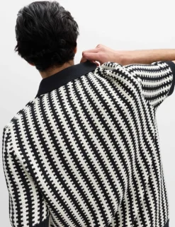Pure Cotton Textured Striped Knitted Polo Shirt