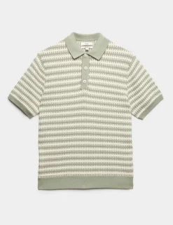Pure Cotton Textured Striped Knitted Polo Shirt