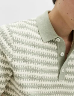 Pure Cotton Textured Striped Knitted Polo Shirt