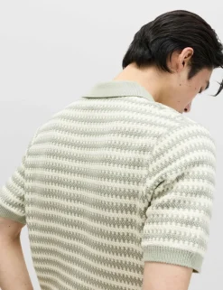 Pure Cotton Textured Striped Knitted Polo Shirt