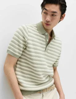 Pure Cotton Textured Striped Knitted Polo Shirt