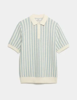 Pure Cotton Textured Striped Knitted Polo Shirt