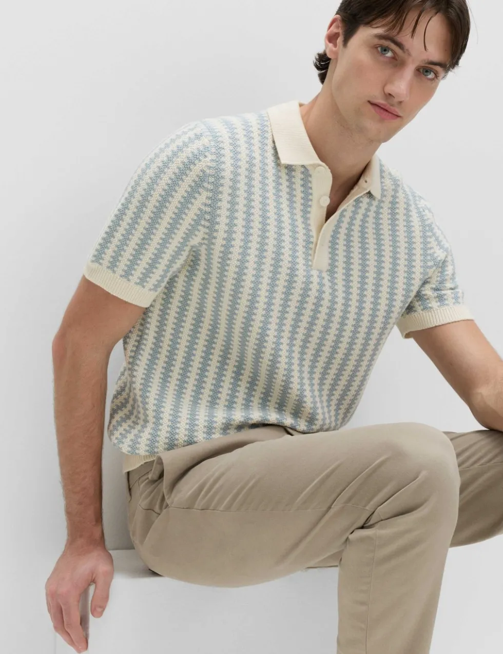Pure Cotton Textured Striped Knitted Polo Shirt
