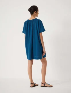 Pure Cotton Textured Tie Neck Mini Beach Dress