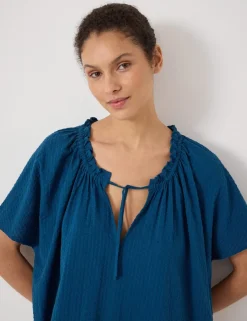 Pure Cotton Textured Tie Neck Mini Beach Dress