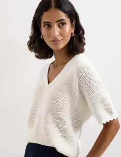 Pure Cotton Textured V-Neck Jumper