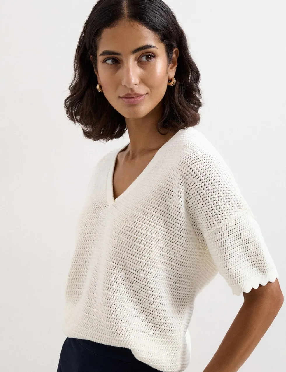 Pure Cotton Textured V-Neck Jumper