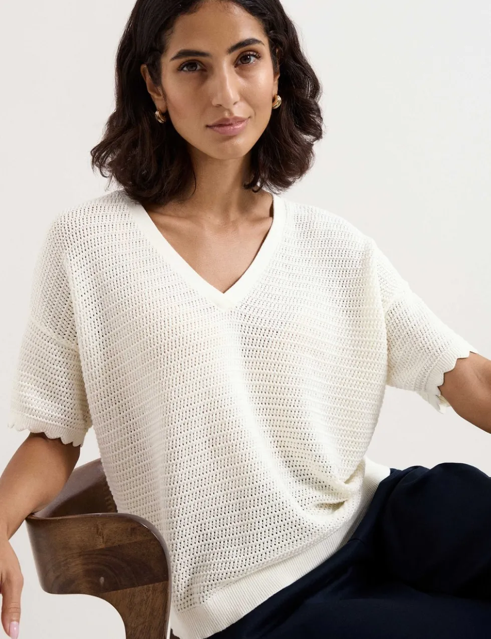 Pure Cotton Textured V-Neck Jumper