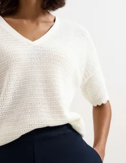 Pure Cotton Textured V-Neck Jumper