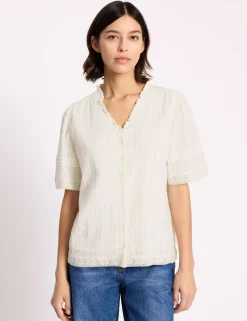 Pure Cotton Textured V-Neck Frill Detail Top
