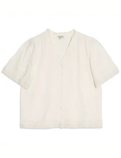 Pure Cotton Textured V-Neck Frill Detail Top