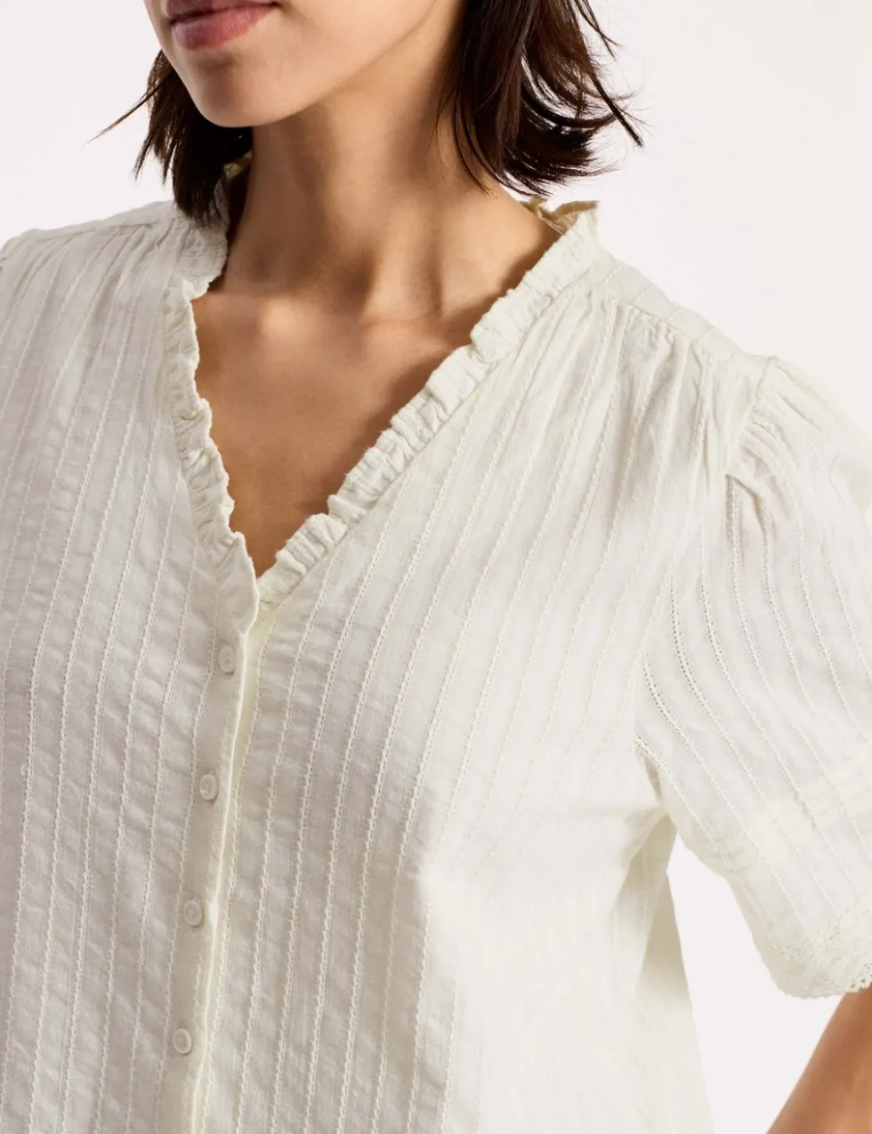 Pure Cotton Textured V-Neck Frill Detail Top
