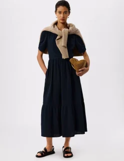 Pure Cotton Textured V-Neck Midi Relaxed Dress