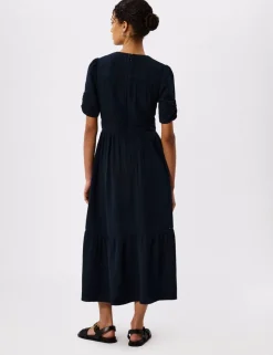 Pure Cotton Textured V-Neck Midi Relaxed Dress