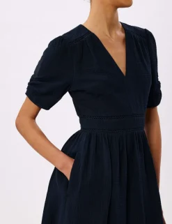 Pure Cotton Textured V-Neck Midi Relaxed Dress