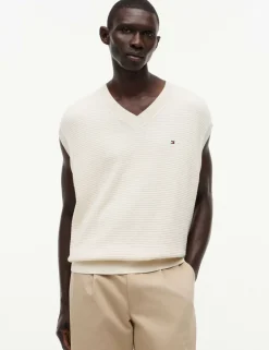 Pure Cotton Textured V-Neck Knitted Vest