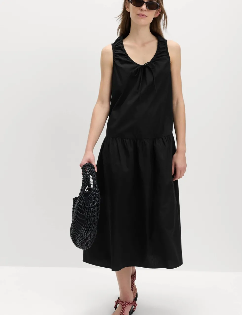 Pure Cotton Tie Detail Midi Tiered Dress