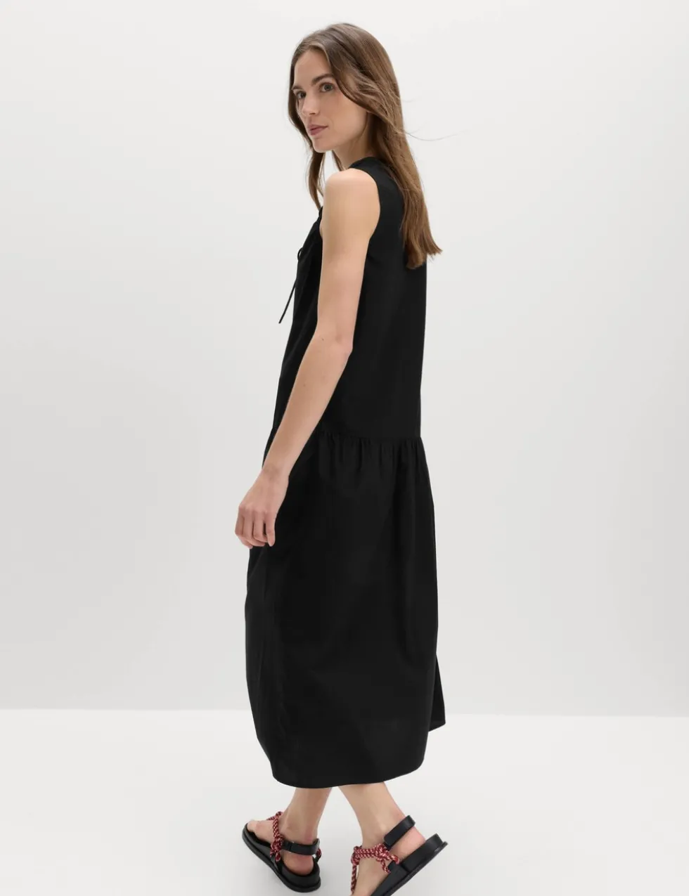 Pure Cotton Tie Detail Midi Tiered Dress