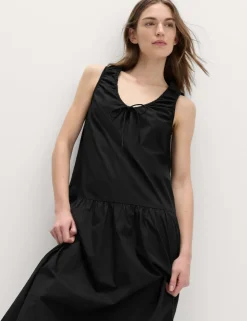 Pure Cotton Tie Detail Midi Tiered Dress