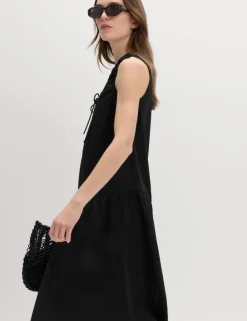 Pure Cotton Tie Detail Midi Tiered Dress