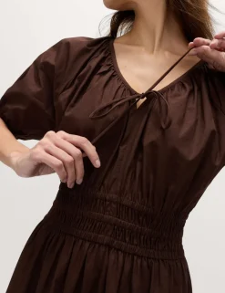 Pure Cotton Tie Detail Midaxi Waisted Dress