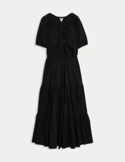 Pure Cotton Tie Neck Midaxi Waisted Dress