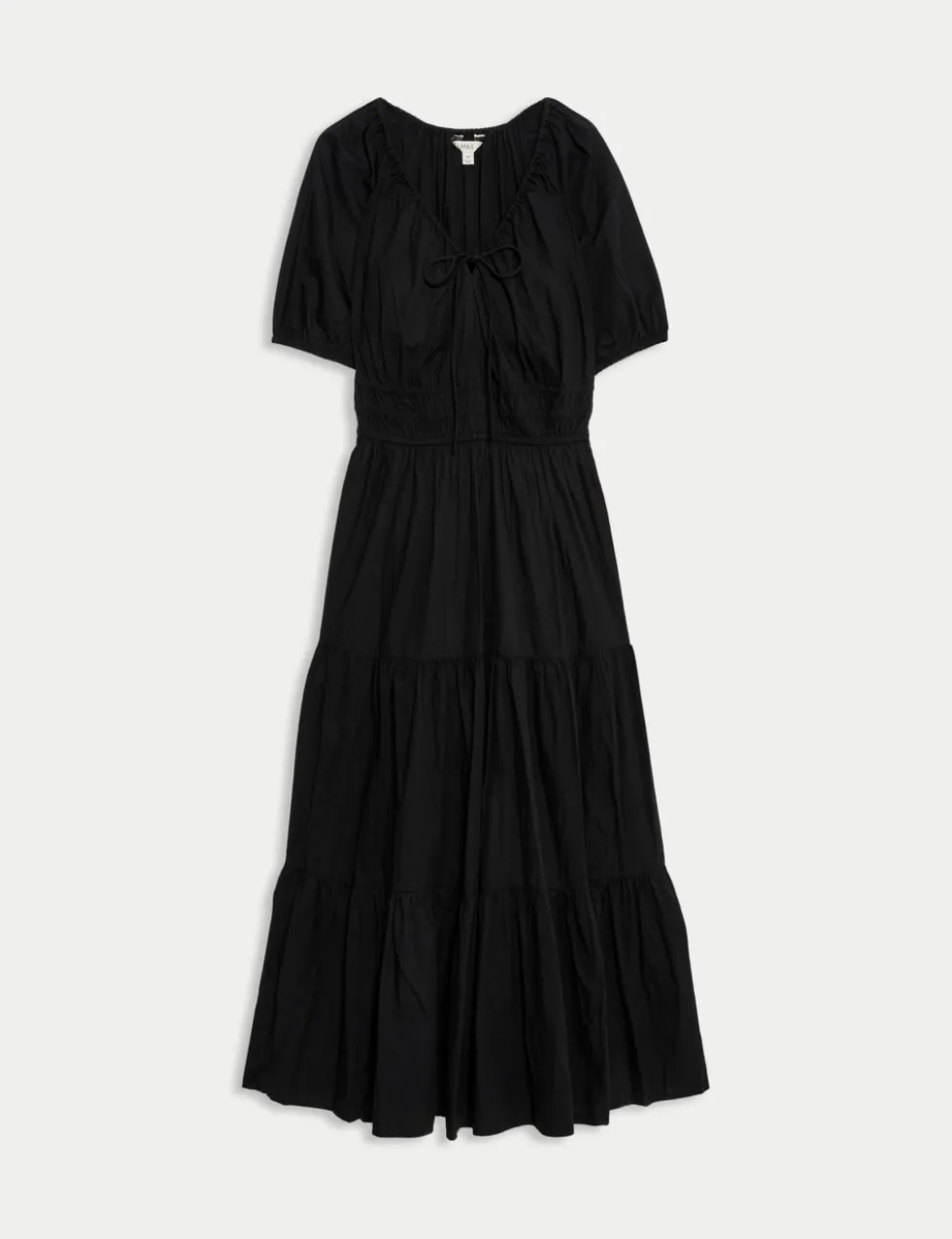 Pure Cotton Tie Neck Midaxi Waisted Dress