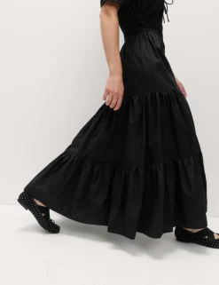 Pure Cotton Tie Neck Midaxi Waisted Dress