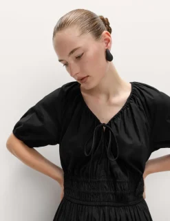 Pure Cotton Tie Neck Midaxi Waisted Dress